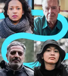 4 portretten van mensen die met elkaar in verbinding door een blauwe lijn die van gezicht naar gezicht verloopt